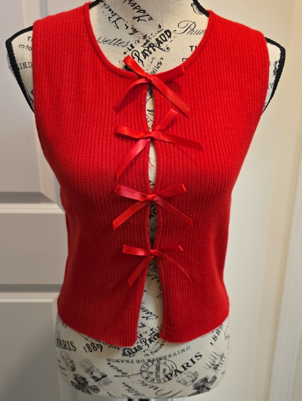 Le Lis Red Ribbed Tank with Front Bow Ties